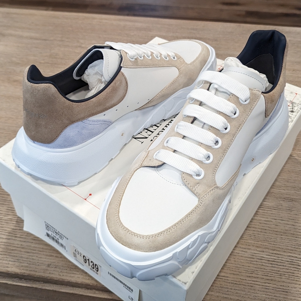 Mens Alexander McQueen "Court" Leather/Suede Sneakers White/Beige
